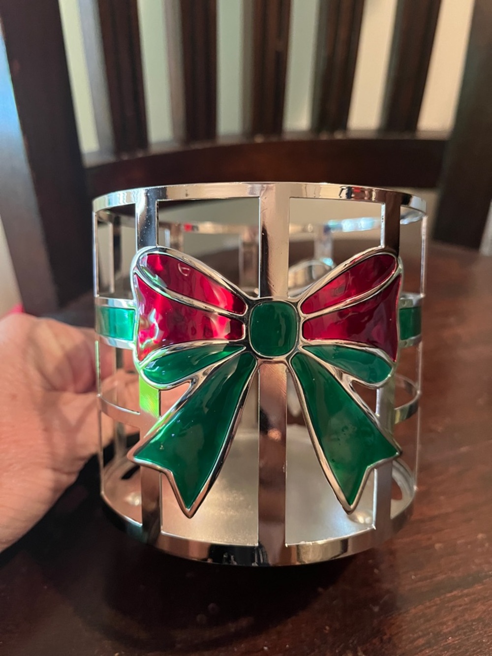 Holiday Bow Candle Holder / Luminary metal with red and green bows ribbons